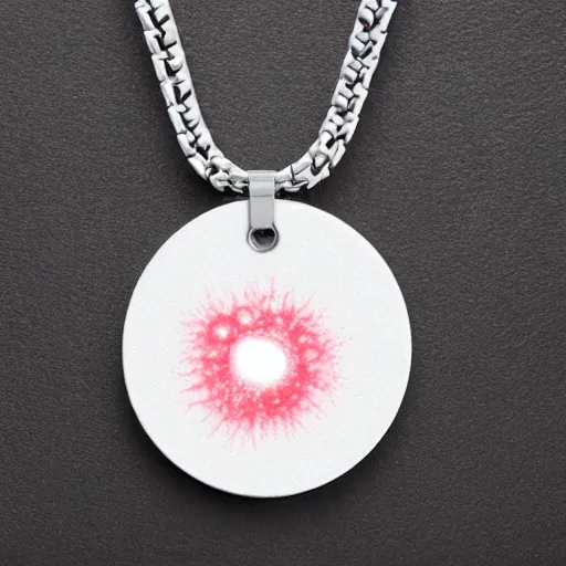 Prompt: bacteria necklace, white mink with big pink neck circle of chromosomes and bacteria matte art hd 8k starring at camera symmetrical mink face bacteria chromosomes matte portrait photo