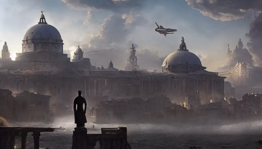 Prompt: silhouette of a greek king overlooking a giant alien ufo high tech spaceship eerily hovering on italy venice city landscape with beautiful temples by greg rutkowski, artgerm, ross tran, magali villeneuve, intricate, time travel theme, audince in awe, spectacle, audience sorrounding, award winning, octane render, masterpiece, 8 k, beautiful