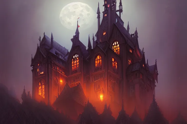 Image similar to foggy intricate gothic castle under the full moon, epic, intricate oil painting, high detail illustration, sharp high detail, manga and anime, official fanart behance hd artstation by jesper ejsing and makoto shinkai, 4 k,