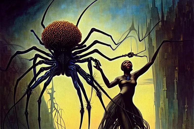 Prompt: realistic detailed portrait movie shot of a beautiful black woman riding a giant spider, dystopian city landscape background by denis villeneuve, amano, yves tanguy, alphonse mucha, max ernst, ernst haeckel, kehinde wiley, caravaggio, jean delville, edward robert hughes, roger dean, cyber necklace, rich moody colours, sci fi patterns, dramatic, wide angle