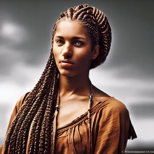 Prompt: photo of beautifull europian woman with big braids by steve mccurry created at contemporary in 4 k ultra high resolution and with ultra wide angle, with inspiring feeling