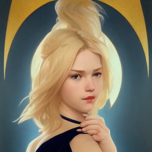 Prompt: a beautiful portrait of a beautiful cute teen superhero girl, blonde hair, tight matte navy - blue bodysuit, white cape, intricate, elegant, 8 k, highly detailed, digital painting, concept art, smooth, sharp focus, illustration, by artgerm greg rutkowski alphonse mucha loish wlop