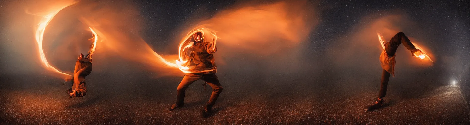 Image similar to fisheye slow motion with trail fire effect of break dancer wearing long dark cloak, Giant A letter emitting fire, long exposure shot , enigmatic, at night in the middle of the arctic, paddle of water, steam, fog, water splashes, rim lights, glossy reflections, water droplets on lens, octane render, Volumetric dynamic lighting, stunning cover magazine, high details,