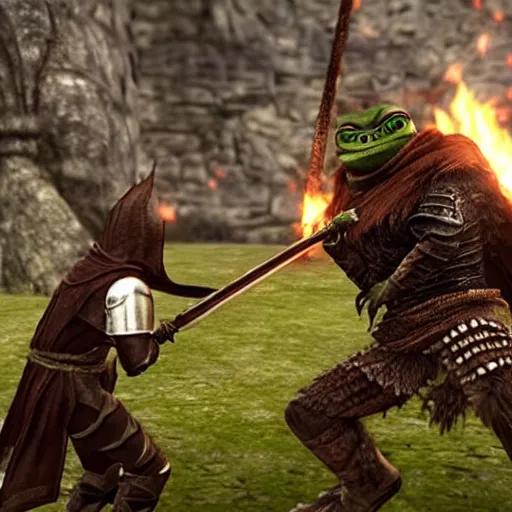 Prompt: Gavlan from Dark Souls 2 duelling Pepe the frog in melee combat