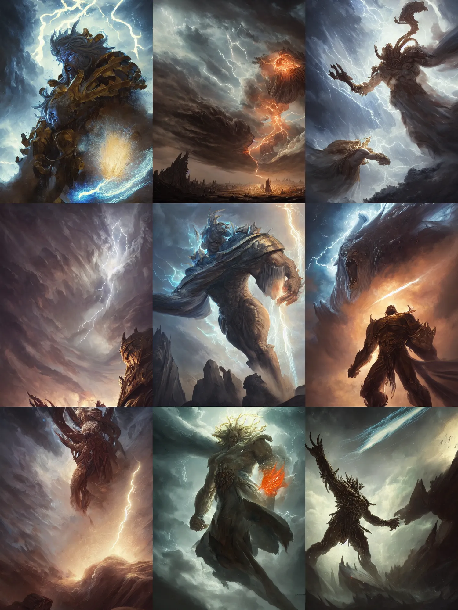 Prompt: A massive celestial giant god, lightning, storm, detailed face and body, dungeons and dragons, magic the gathering, by Mateusz Ozminski, Alejandro Olmedo art, Diego Gisbert Llorens, Greg Rutkowski, amazing detail, low angle, masterpiece, cinematic, dramatic, dramatic lighting