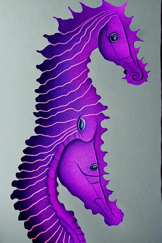 Image similar to a portrait statue of a purple seahorse, black paper, beautiful intricate painting by kokaris