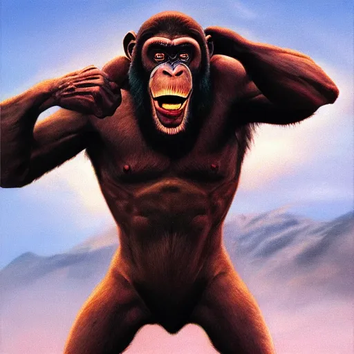 Image similar to Strong Angry Chimpanzee Screaming, Boris Vallejo, Epic, 8k resolution, ArtStation, Hyperrealistic