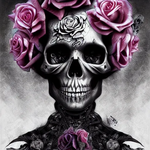 colorful skull in black roses and silver bullets by | Stable Diffusion