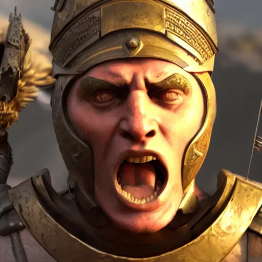 Image similar to a roman solider going into battle with a face that is angry and one that of breavey, 4 k, unreal engine 6, very detailed, high quality, highly rendered