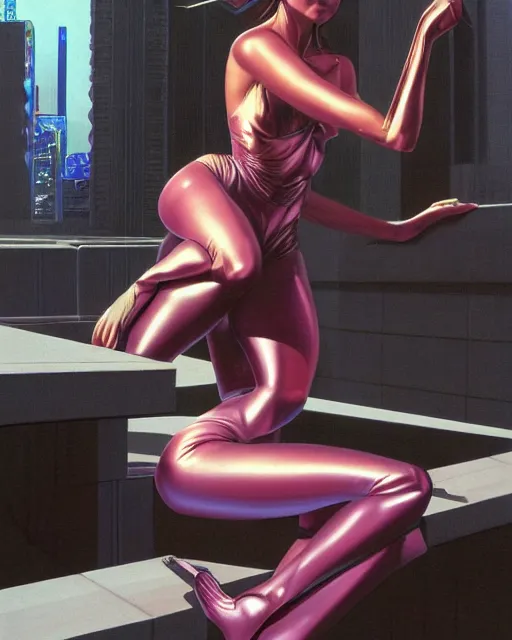 Prompt: a picture of a woman sitting on a ledge, cyberpunk art by boris vallejo and by syd mead and by hiroshi nagai, cgsociety, figurative art, airbrush art, made of liquid metal, synthwave