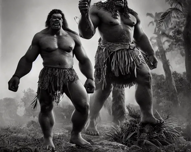 Image similar to hyper realistic group vintage photograph of a live action warcraft orc warrior tribe in the jungle, tall, hulk like physique, detailed faces, tribal paint, tribal armor, grain, old, monochrome, wide angle