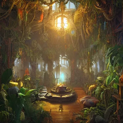 Image similar to hyperreal ultra detailed intricate victorian jungle room by peter mohrbacher and dan mumford, cgsociety, volumetric light