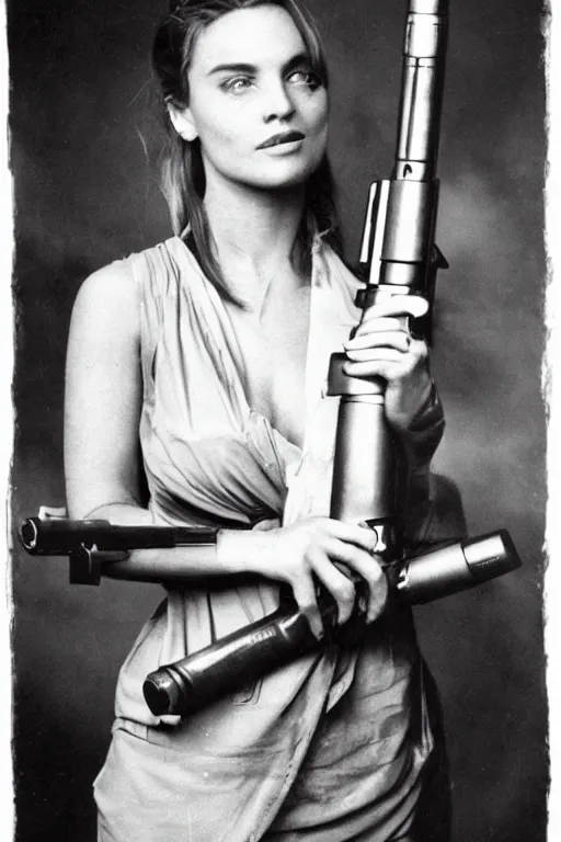 Image similar to a beautiful woman carrying a giant oversized gun, real photo