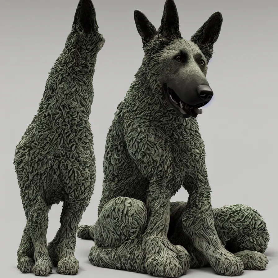 Image similar to beautiful gallery show studio photograph of a giant realistic ceramic sculpture of a german shepherd dog, fractal 3 d structure, celadon glaze, placed on a polished wooden table, colorful hyperrealism 8 k trending on artstation