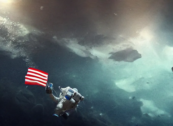 Prompt: astronaut underwater putting a flag on the sand in the bottom of the ocean. in the background, a submarine is visible. dark, concept art, cinematic, dramatic, atmospheric, 8 k, trending on artstation, zack snyder