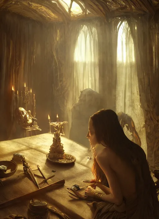 Image similar to inside covens den, diffuse lighting, fantasy epic, hdrp smoke, intricate facial detailing, highly detailed, lifelike, photorealistic, digital painting, artstation, unreal 5, concept art, smooth, sharp focus, art by john collier and albert aublet and krenz cushart and artem demura and alphonse mucha