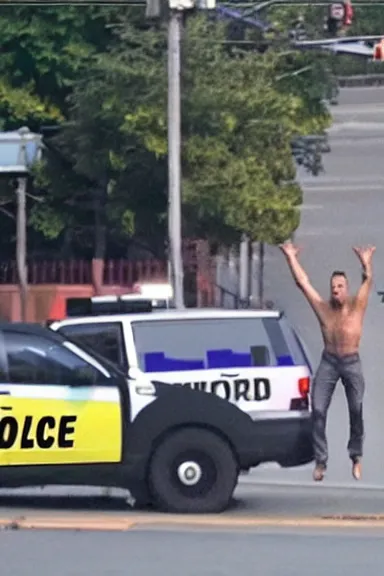 Image similar to a photo taken from a distance of police surrounding a man floating in the air with his hands up