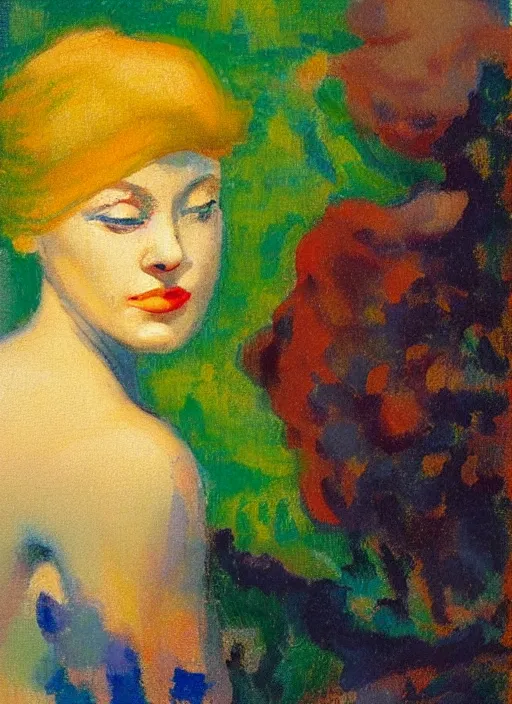 Prompt: an extreme close-up abstract portrait of a lady enshrouded in an impressionist representation of Mother Nature and the meaning of life by Edward Hopper and Igor Scherbakov, abstract colorful lake garden at night, thick visible brush strokes, figure painting by Anthony Cudahy and Rae Klein, vintage postcard illustration, minimalist cover art by Mitchell Hooks