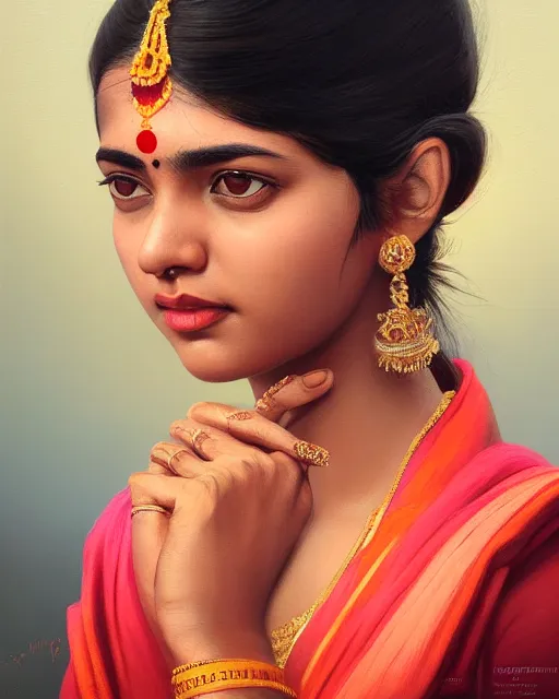 Image similar to a highly realistic, true to life portrait of a young indian woman, sharp focus, by ilya kuvshinov, by wlop, by tom bagshaw, trending on artstation, cinematic lighting, hyper realism, octane render, 8 k, hyper detailed.