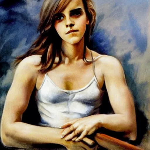 Image similar to portrait of emma watson, artwork by frank frazetta,