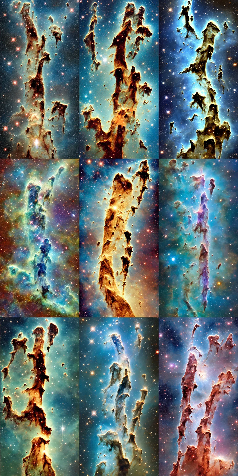 Prompt: Pillars of Creation. elephant trunks of interstellar gas and dust in the Eagle Nebula in the Serpens constellation. Hubble Space Telescope. Stars. NASA. Milky Way Galaxy. HR Giger, oil on canvas. detailed. high resolution.