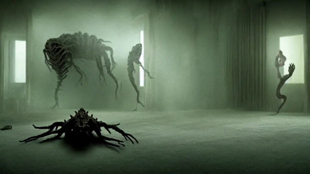 Image similar to the creature on the house in the house, film still from the movie directed by denis villeneuve and david cronenberg, with art direction by salvador dali, wide lens