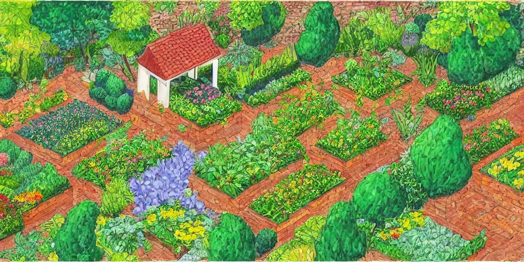 Image similar to an illustration of a beautiful garden, isometric view, painted