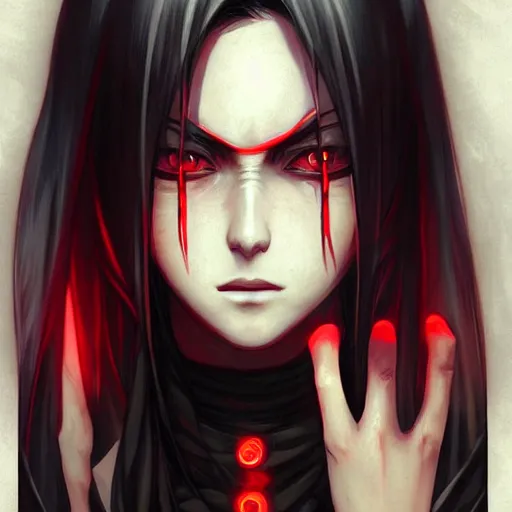 Image similar to itachi uchiha, red glowing eyes, intricate, elegant, highly detailed, digital painting, artstation, concept art, smooth, sharp focus, illustration, art by artgerm and greg rutkowski and alphonse mucha