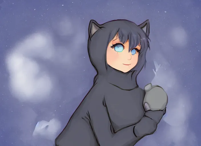 Prompt: Russian Blue catgirl wearing a thick sweater to protect herself from harsh Russian winter.