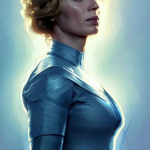 Image similar to Beautiful Emily Blunt as the Invisible Woman, western, D&D, fantasy, intricate, elegant, highly detailed, digital painting, artstation, concept art, matte, sharp focus, illustration, art by Artgerm and Greg Rutkowski and Alphonse Mucha