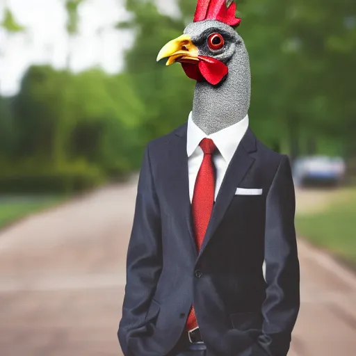 Image similar to a high quality photo of a chicken wearing a suit, Romanticism, 8k