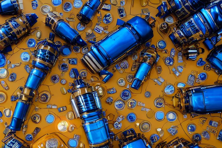 Prompt: 3 shiny golden and blue metallic steampunk robots sleeping on bed and floor in a luxury futuristic hotel room with a messy seating area, messy room with empty bottles all over the floor, pressphoto, dawn light, insanely detailed, 3 5 mm lens, wide shot