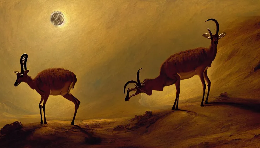 Image similar to highly detailed painting of antelopes on the surface of the moon by william turner, thick brush strokes and visible paint layers, 4 k resolution