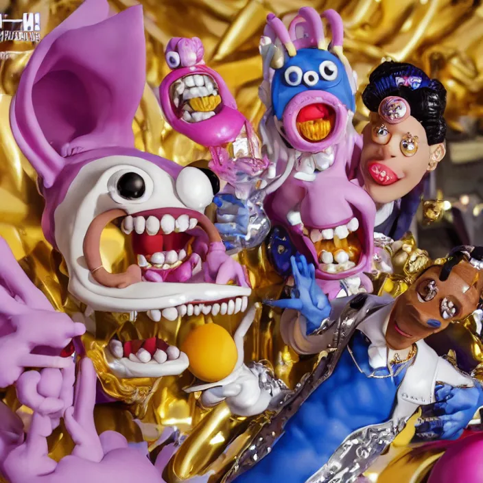 Image similar to jeff koons hip hop bauhaus style street sharks sailor moon wearing diamond grillz and a ton of bussdown iced gold bling in wallace & gromit strata - cut claymation, ultra realistic, concept art, intricate details, serious, highly detailed, photorealistic, octane render, 8 k, unreal engine, art by todd mcfarlane