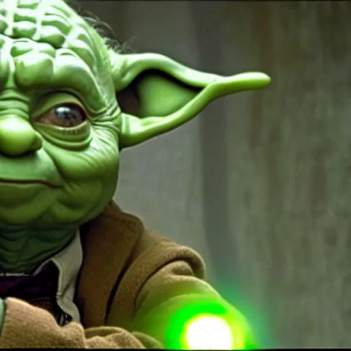 Image similar to mr. bean as yoda from star wars. movie still. cinematic lighting.