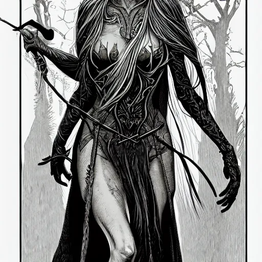 Image similar to full elven witch, intricate, veins, by Hugo pratt, ultradetailed, trending on artstation,