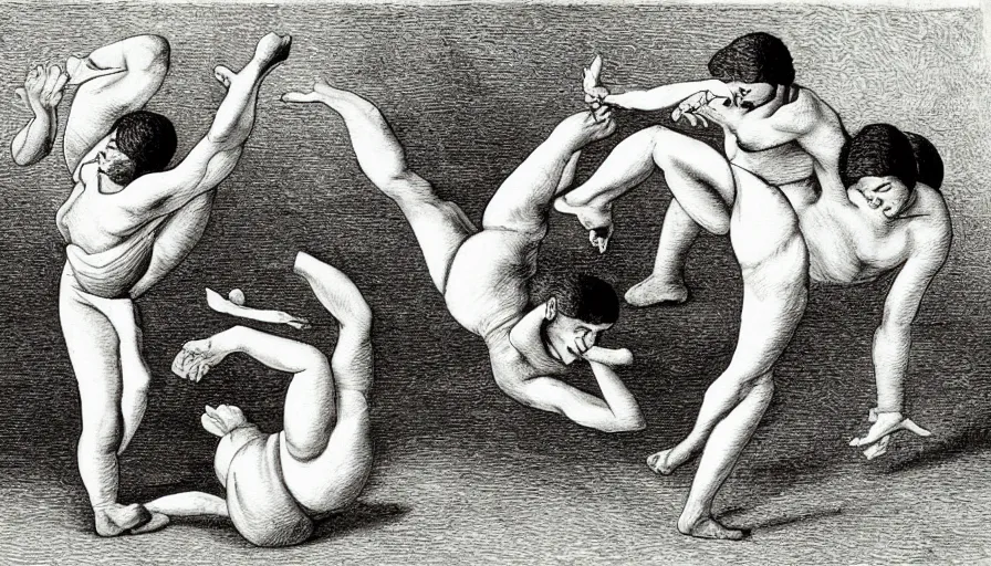 Image similar to capoeira, engraving by escher
