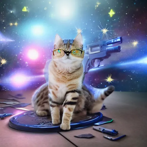 Prompt: hyperrealistic painting of a cat with galaxy glasses, surrounded by guns, abstract background, mystical light 8 k octane render, unreal engine, highly detailed