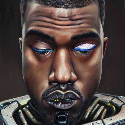 Image similar to a realistic oil painting of a cybernetic kanye west cyborg, surrealism portrait, post apocalyptic album cover