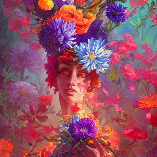 Image similar to a bouquet of colorful flowers, flowers with very long petals,afternoon sunlight, hard light and long shadows, neon glowing, vivid, detailed painting, by James Jean and Ross Tran, masterpiece, award winning painting