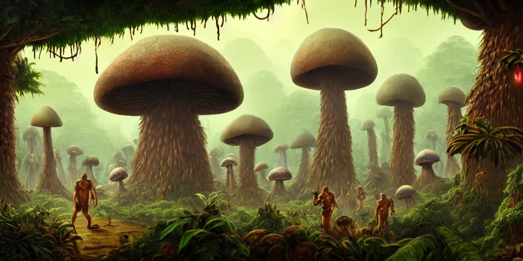 Prompt: a jungle village of ape - god worshippers and their giant mushroom dwellings, matte oil painting, retrofuturistic, science fantasy, salt, rust, polyps, mutant, lgbt, queer, rpg, epic, dungeons & dragons, sacred, sharp focus, award - winning, extremely detailed, 4 k, 8 k