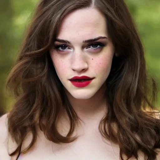 Image similar to a woman who is a genetic combination of kat dennings and emma watson face and upper - body focus