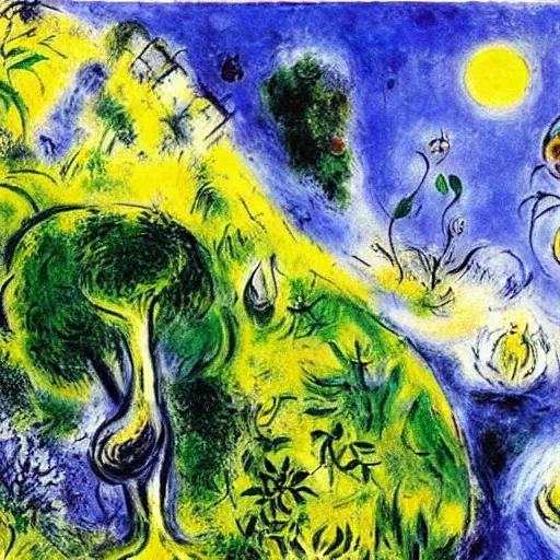 Image similar to painting of a lush natural scene on an alien planet by marc chagall. beautiful landscape. weird vegetation. cliffs and water.