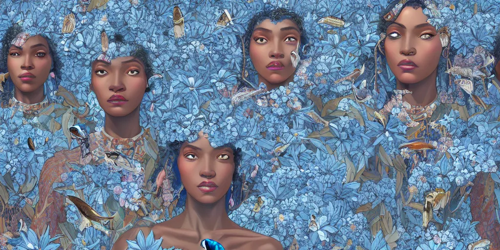 Prompt: breathtaking detailed concept art painting art deco pattern of afroamerican faces goddesses amalmation light - blue flowers with anxious piercing eyes and blend of flowers and birds, by hsiao - ron cheng and john james audubon, bizarre compositions, exquisite detail, extremely moody lighting, 8 k