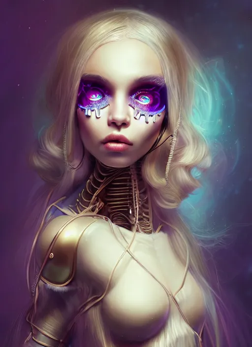 Image similar to soft lustrous ivory biotech raver clowncore madison beer gothic cyborg, earbuds, golden ratio, details, sci - fi, fantasy, cyberpunk, intricate, decadent, highly detailed, digital painting, ever after high, octane render, artstation, concept art, smooth, sharp focus, illustration, art by artgerm, loish, wlop