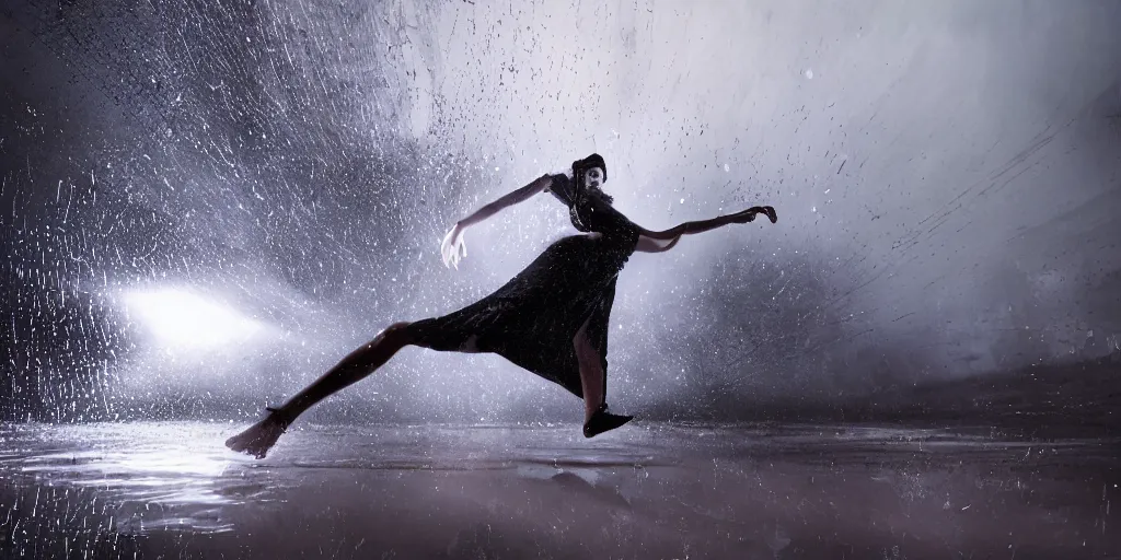 Image similar to slow motion with trail effect of futuristic break dancer wearing floating long dress, long exposure shot , at night in the middle of a rainy street, paddle of water, steam, fog, water splashes, rim lights, glossy reflections, water droplets on lens, octane render, dark and dramatic, explosion in the background, detailed and soft, fisheye