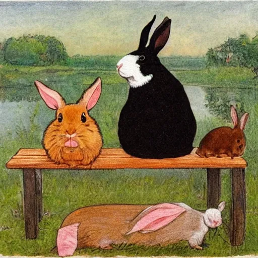 Prompt: a rabbit and a guinea pig watching the sunset together on a bench at a pond, in the style of carl larsson