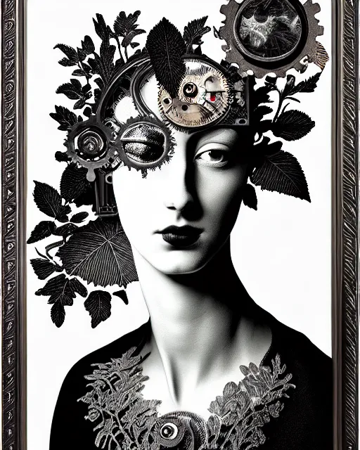 Image similar to masterpiece monochrome profile portrait painting, dutch masters, silver lace floral steampunk biomechanical beautiful one techno eye young female cyborg, big monocular, volumetric light, leaves foliage and stems, hibiscus flowers, by man ray, rim light, big gothic fashion pearl embroidered collar, 8 k