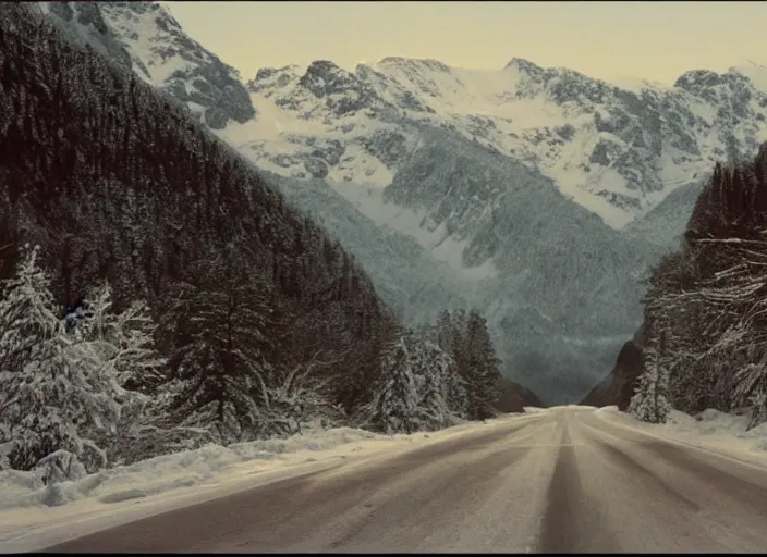 Image similar to A very high resolution image from a new movie, landscape from a car window , mountains, snowy, snowy mountains, Polaroid, directed by wes anderson