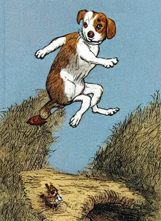 Image similar to jack russel terrier jumping from the ground over a short wall, illustrated by peggy fortnum and beatrix potter and sir john tenniel